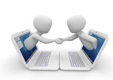 A picture of two figures coming out of a computer screen shaking hands symbolizing a new acquaintance across a technology platform. 